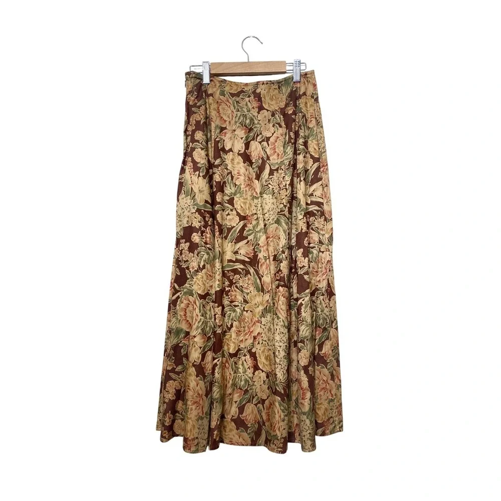 Lizsport Petite Floral Maxi Skirt Womens 4P‎ Burgundy Rayon Vintage Cottagecore